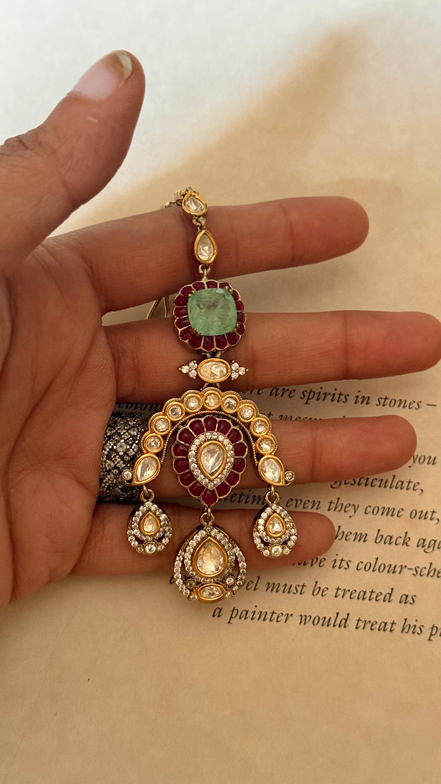 Mint doublet & ruby floral moissanite maangtika
