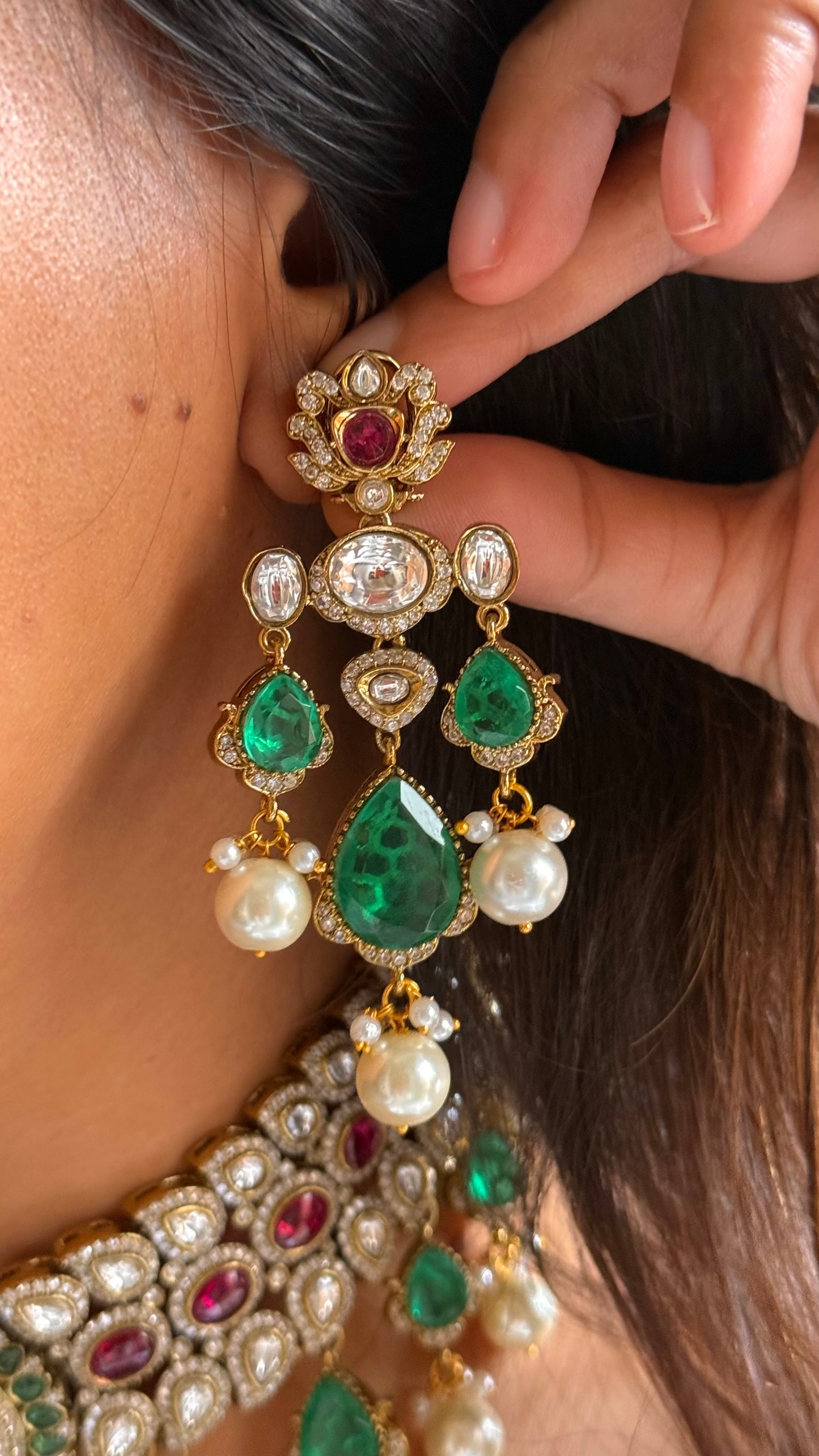 Emerald & Rani pink ruby with pearl detailing choker Necklace