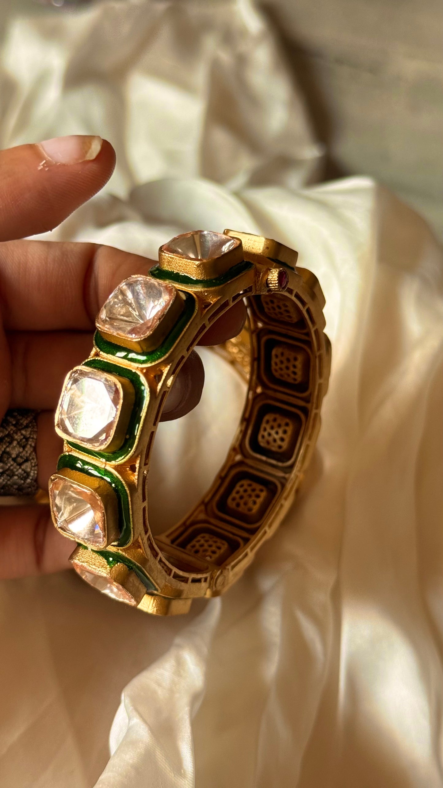 Emerald meenakari polki openable bangle