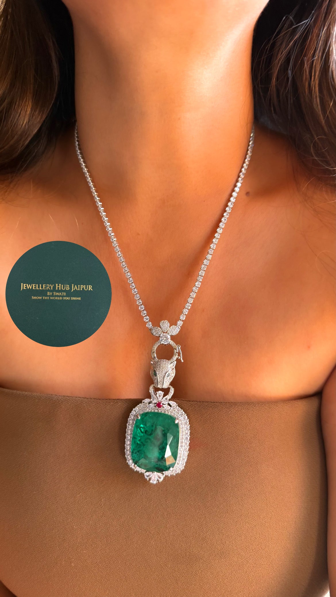 Large emerald and diamond panther pendant