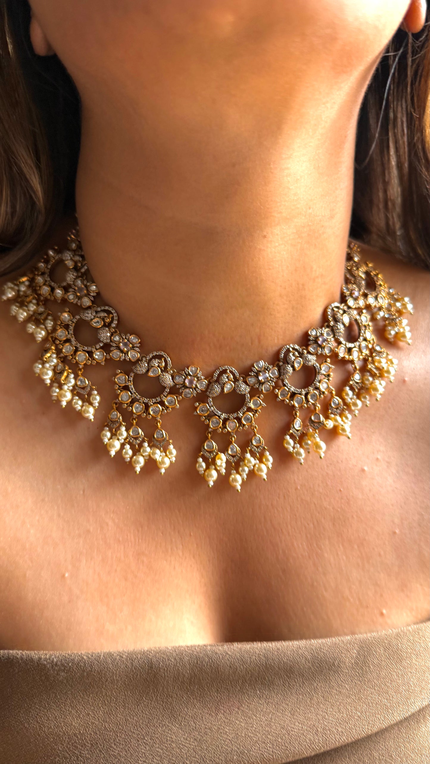 Rose Quartz designer polki collar necklace set with Pearl, drop detailing