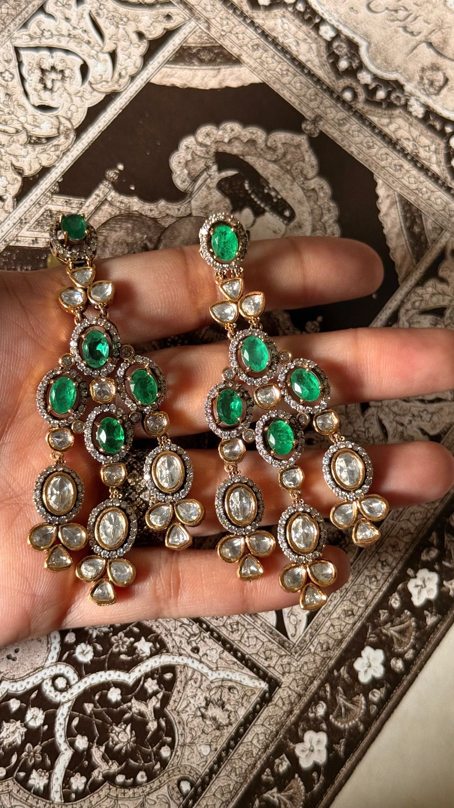 Emerald doublet & moissanite uncut polki Victorian danglers