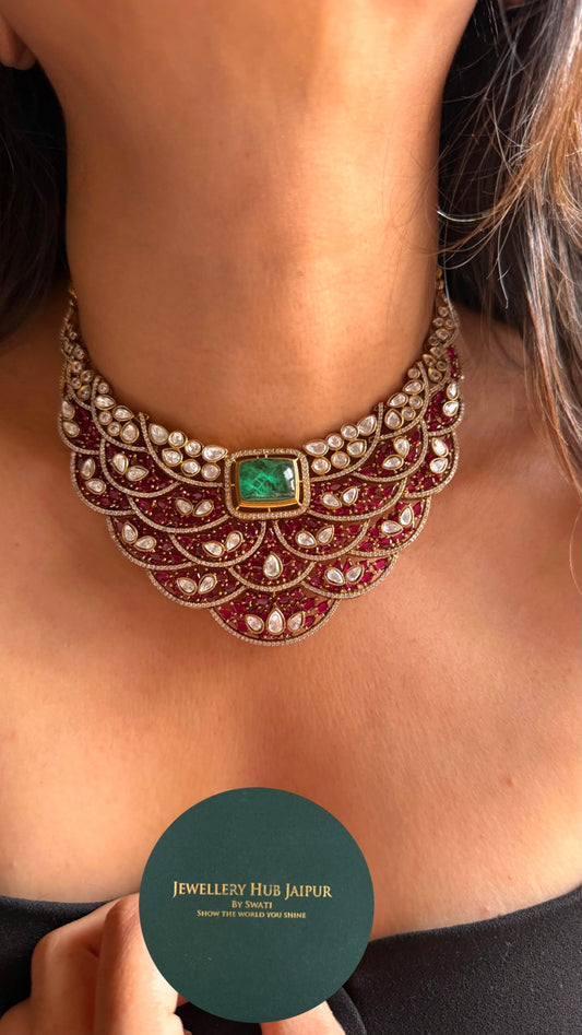 Emerald doublet & rani pink feathered designer Necklace