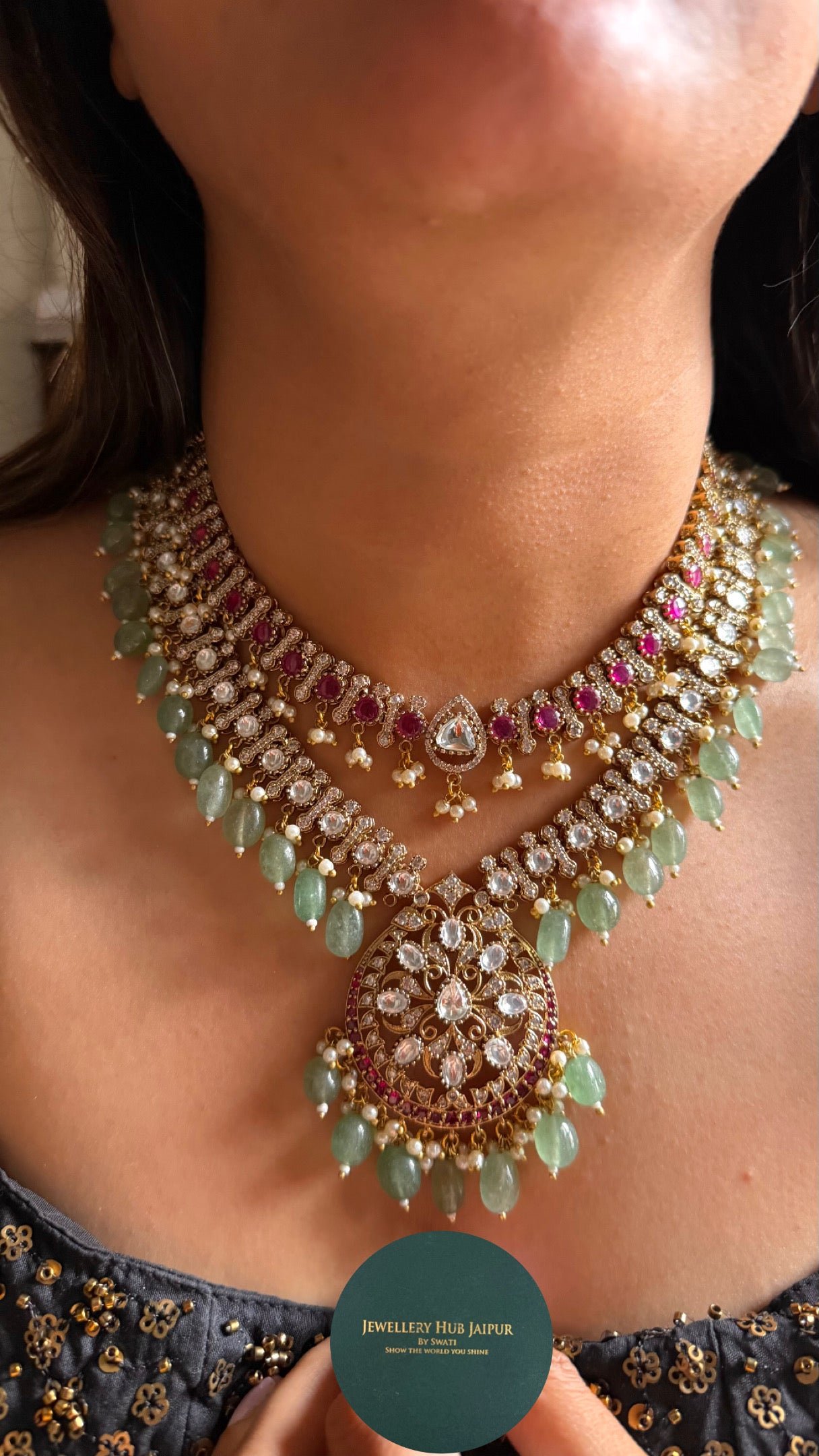 Rani pink with mint drops dual line necklace