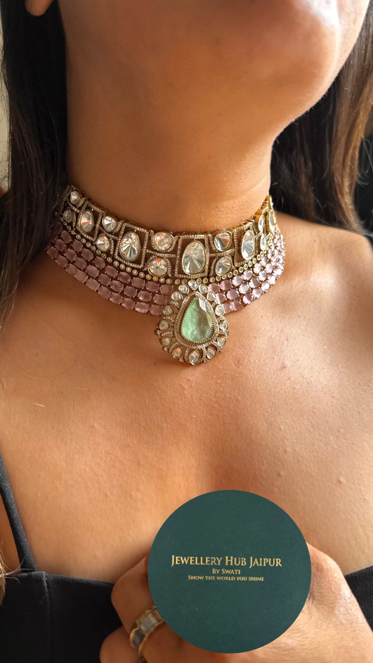 Mint with rose quartz doublets choker Necklace