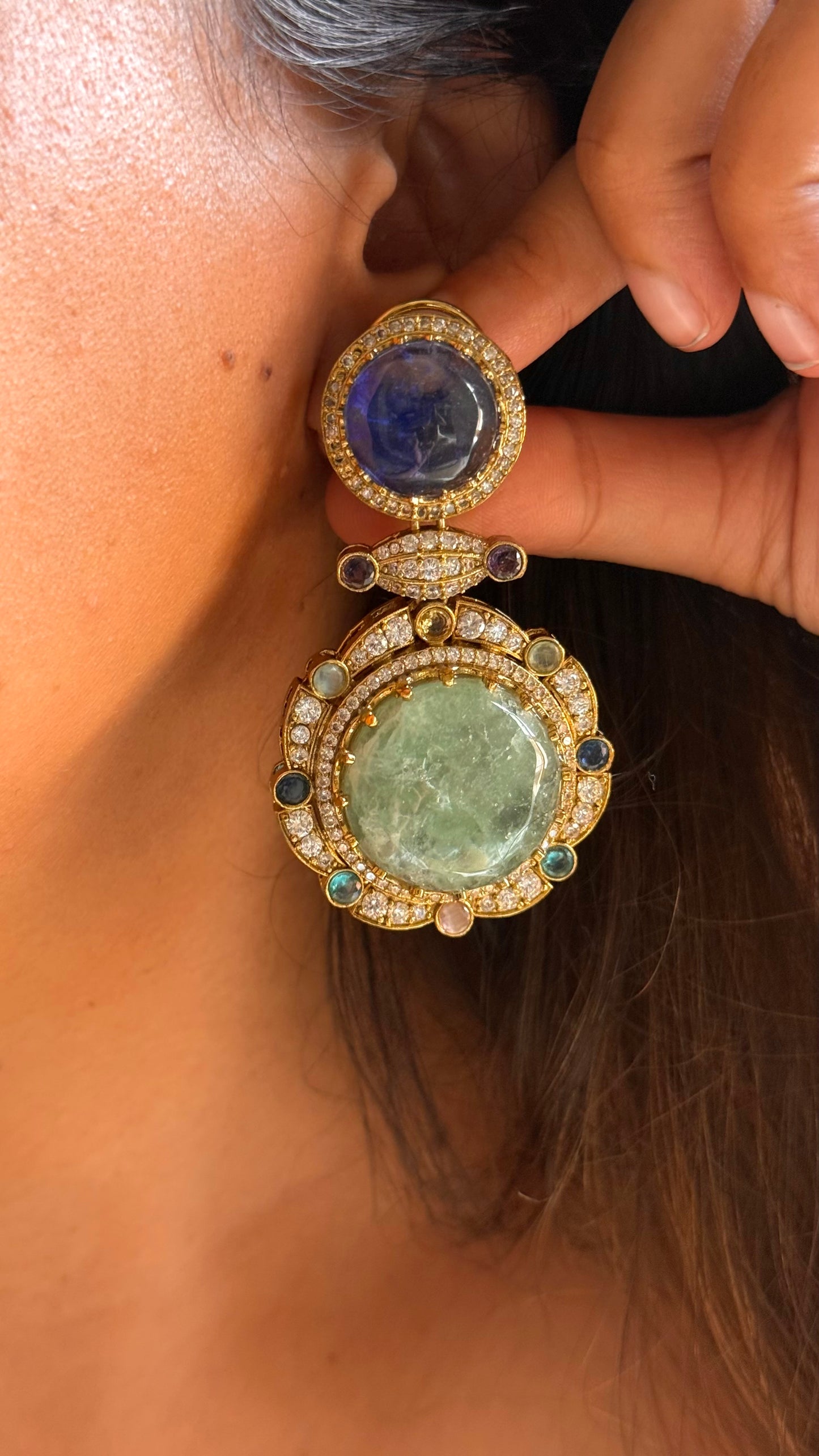 Sabhyasachi inspired Mint Sapphire doublet designer cocktail danglers