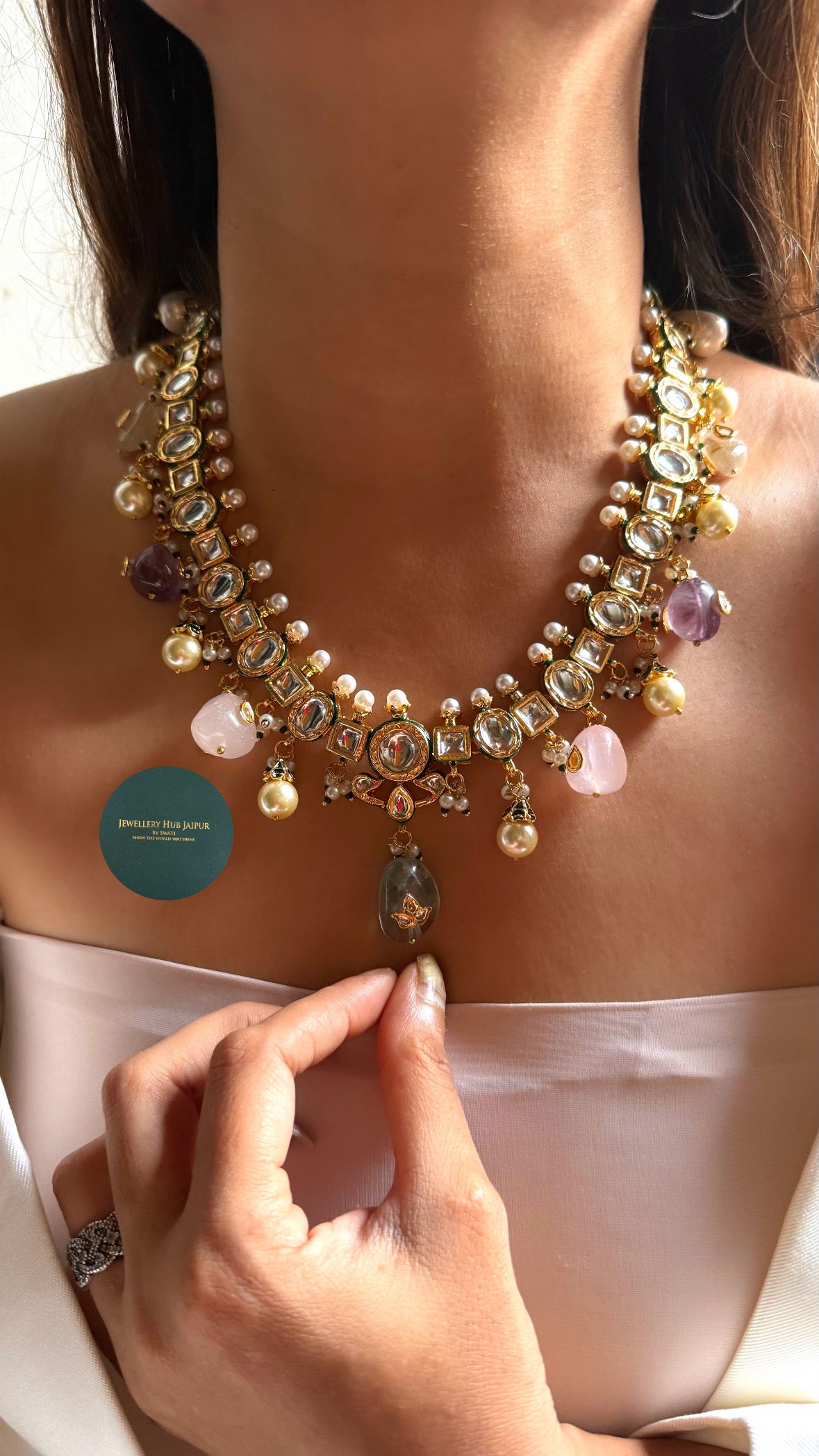 Shades of pink with mint paachi Kundan collar set