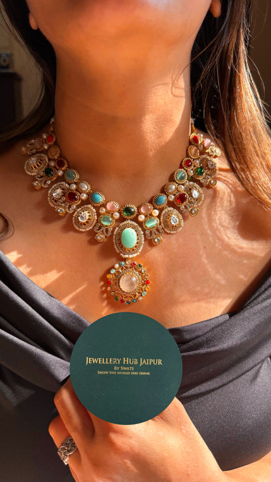 Navratna firoza & white pendant choker set