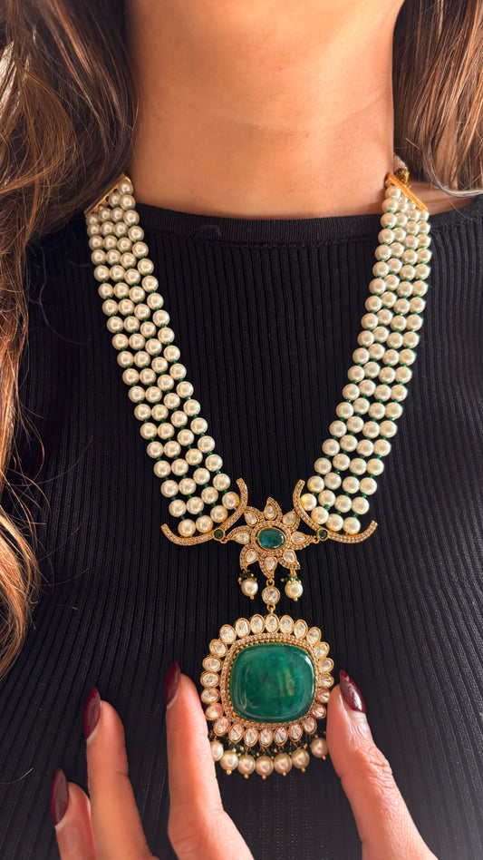 Designer pearl & emerald Moissanite necklace