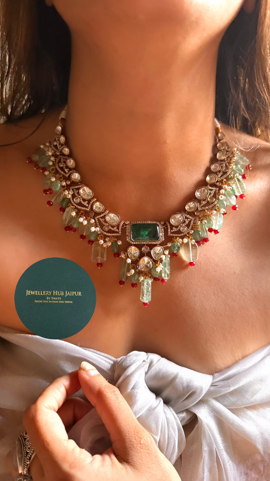 Emerald doublet moissanite polki with mint drop collar set