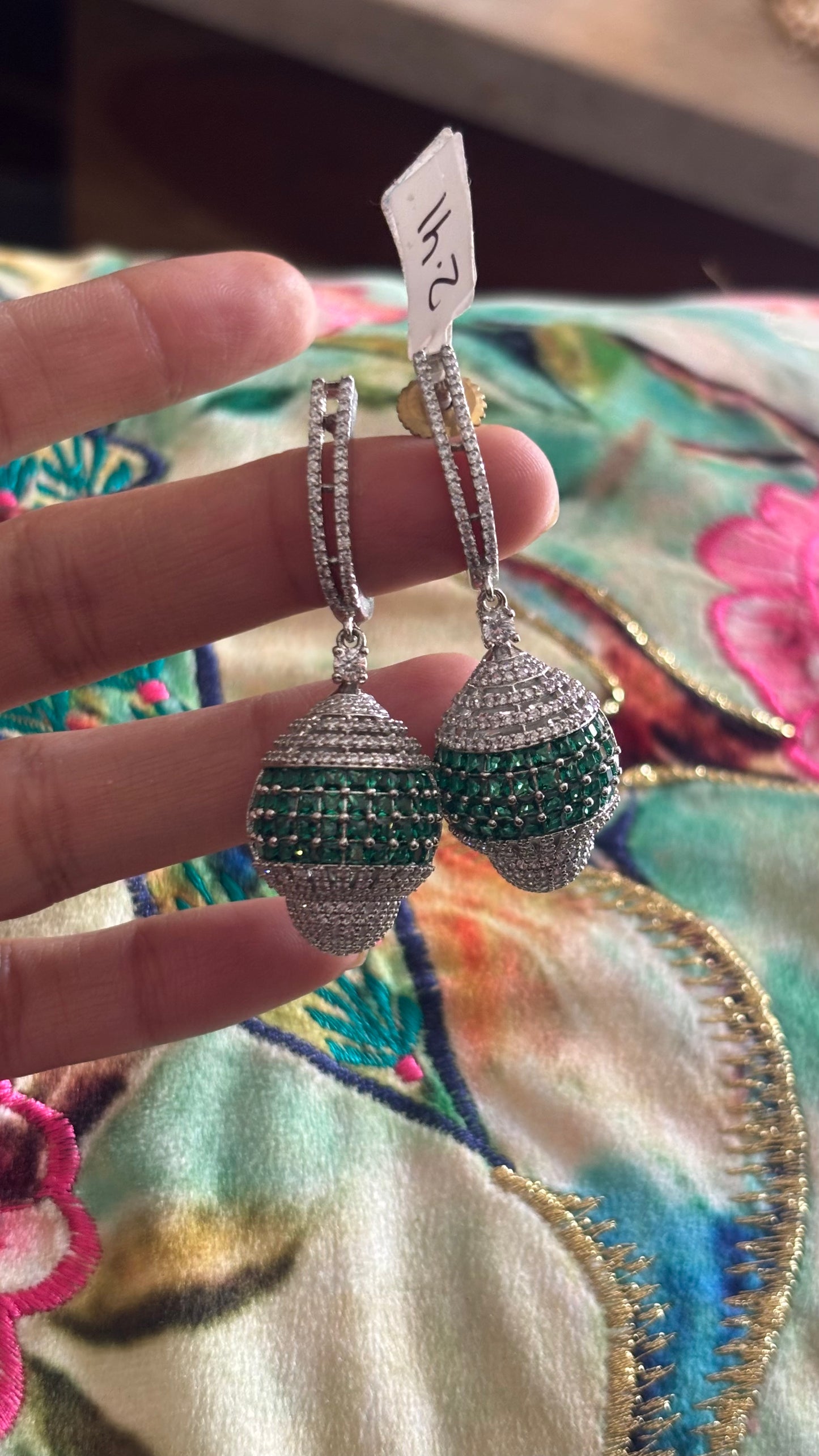 Emerald diamond danglers