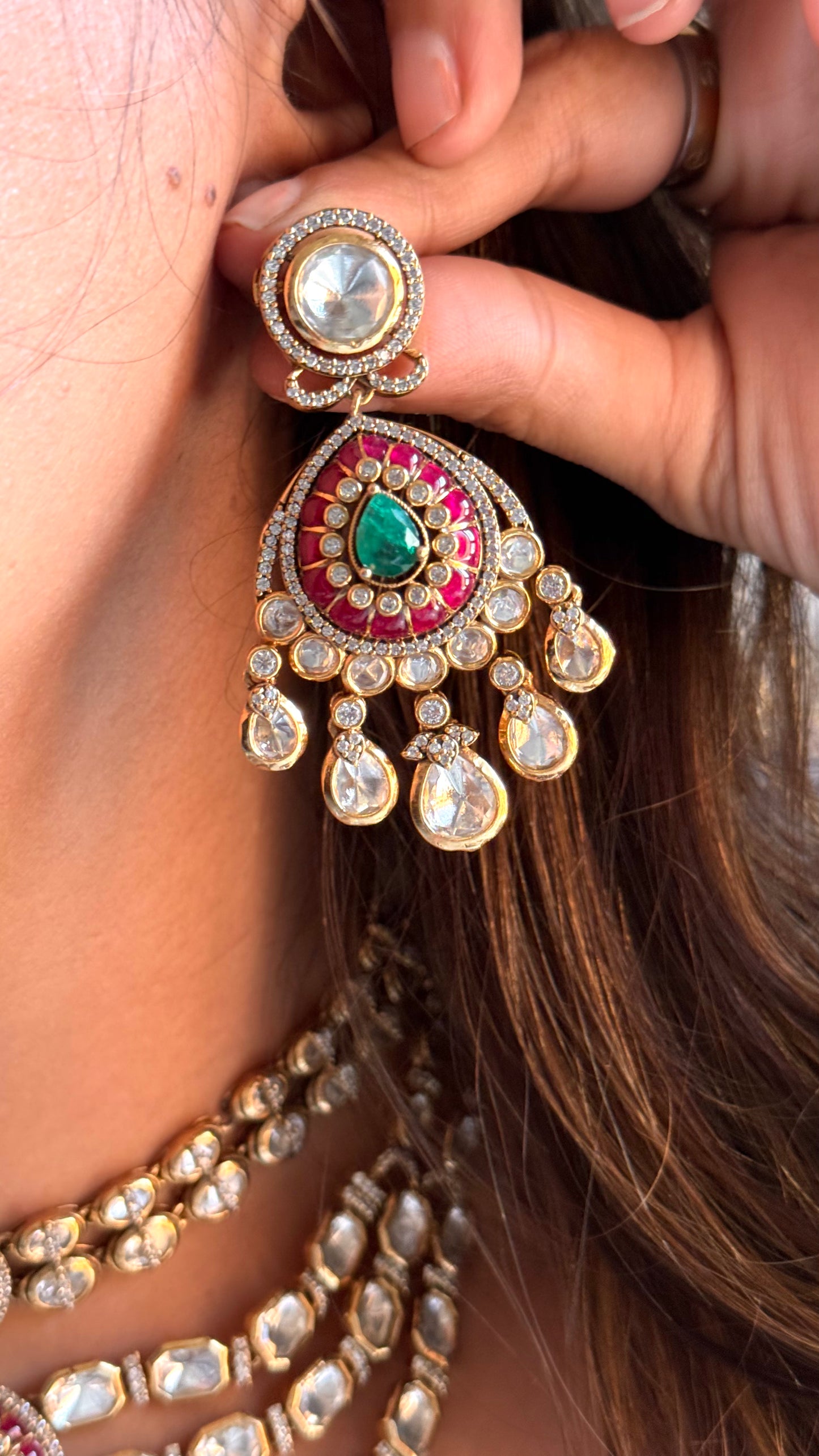 Emerald & Ruby designer layer vintage necklace with polki detailing