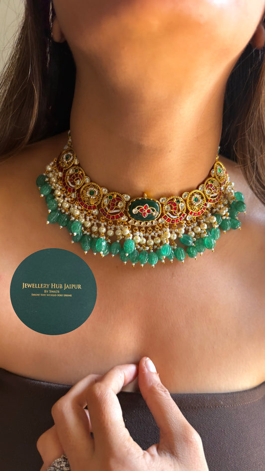 Emerald inlay work heritage necklace, set with Emerald detailing