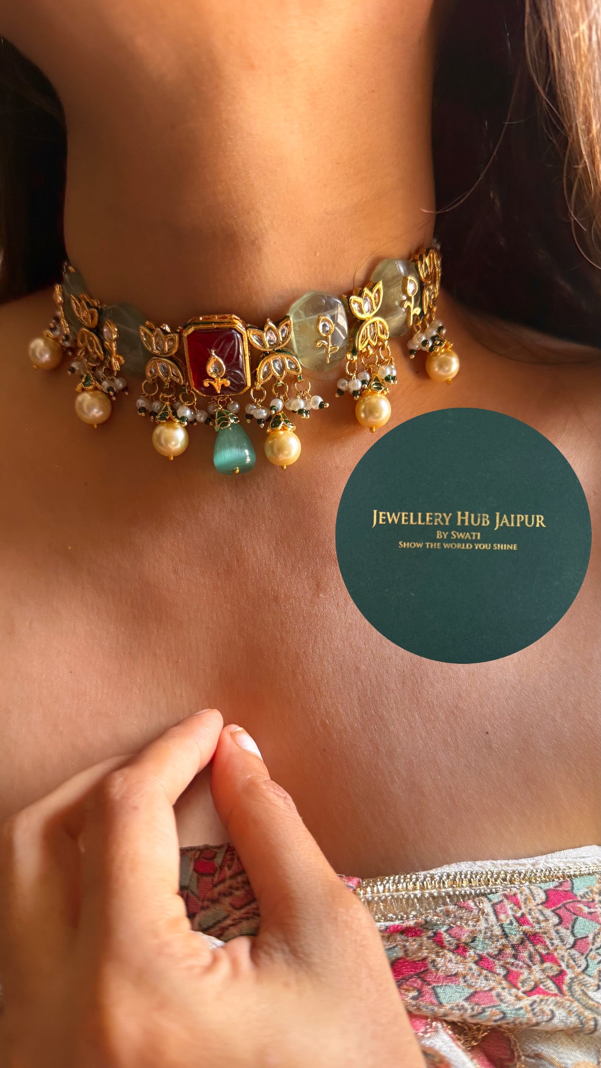 Ruby & mint inlay work & emerald meenakari paachi with pearl drop choker set