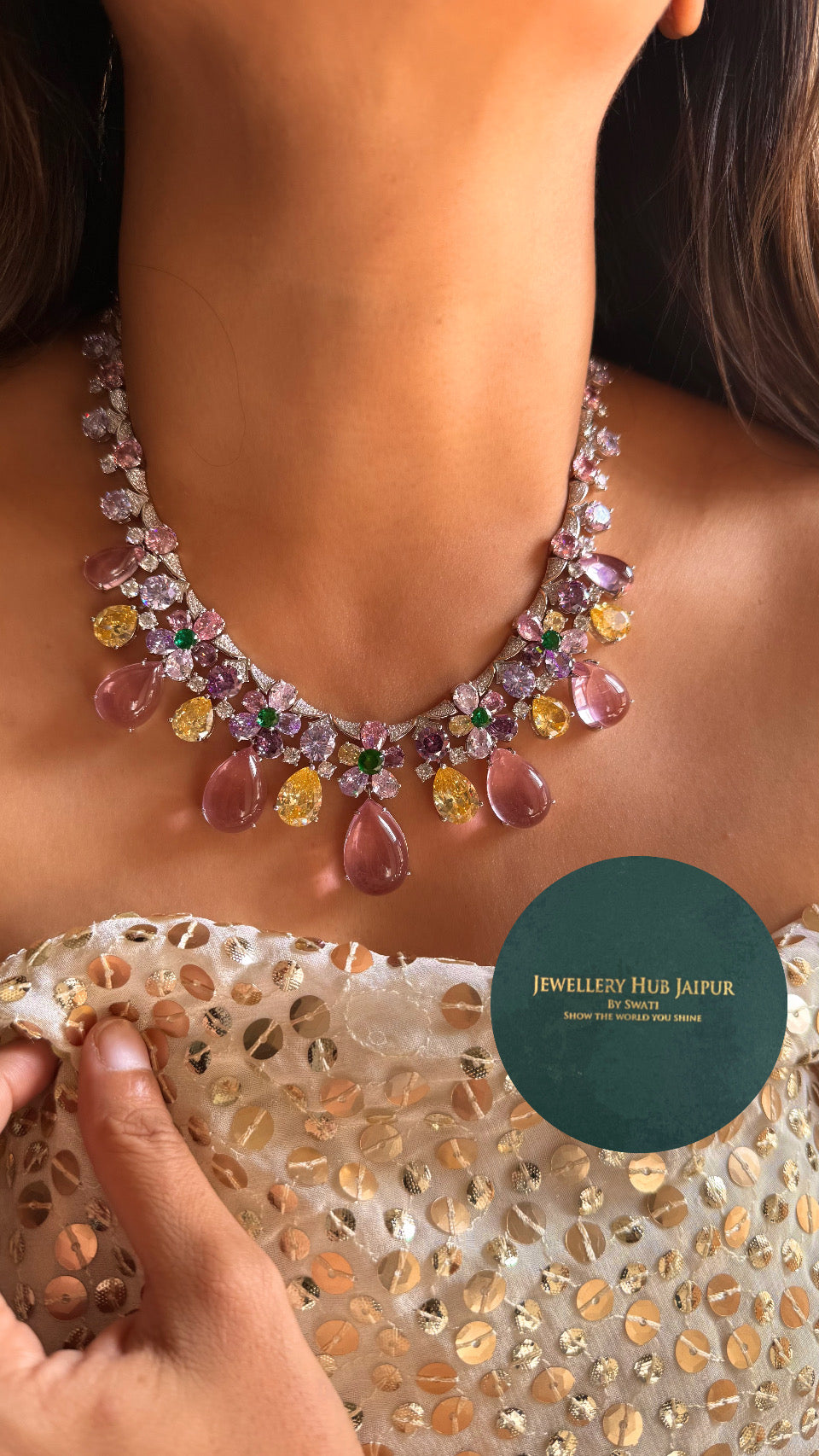 Rose Quarts, emerald & topaz bvlgari inspired designer necklace