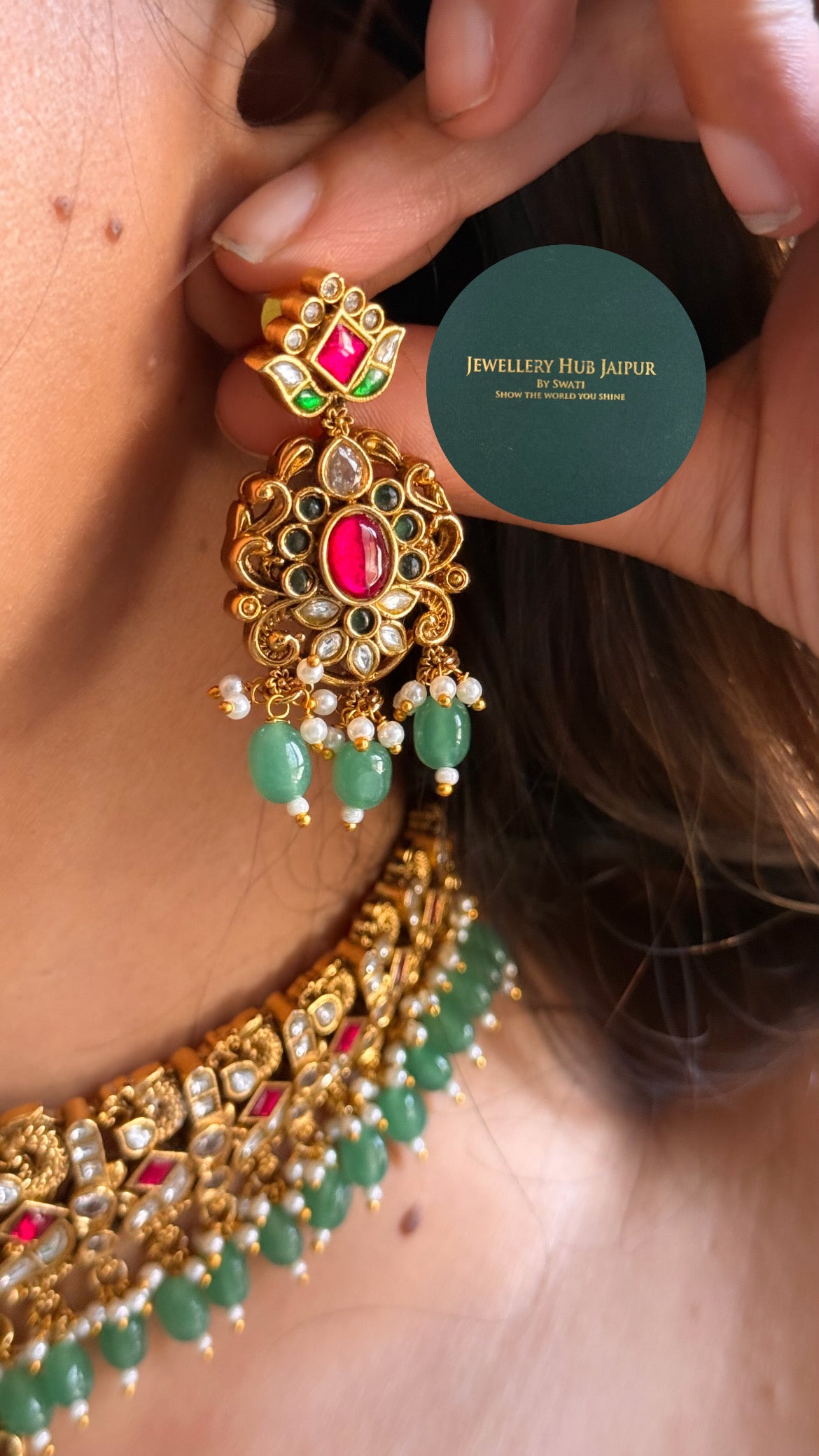 Goddess laxmi & rani pink & emerald with mint drop temple choker set