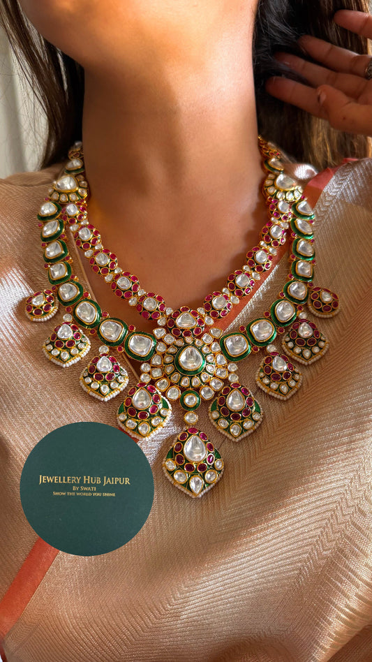 Sneha Emerald meenakari & ruby moissanite uncut polki designer necklace