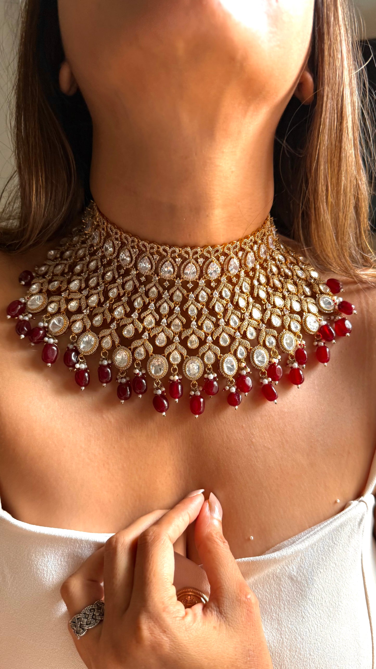 Chetna Moissanite polki bridal choker with ruby drops