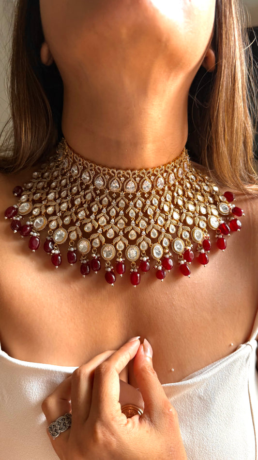 Chetna Moissanite polki bridal choker with ruby drops