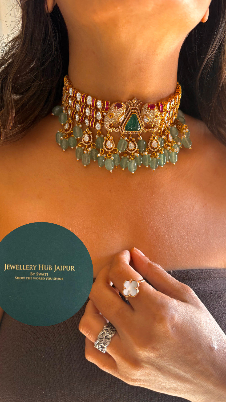 Gajanand emerald doublet and rani pink choker