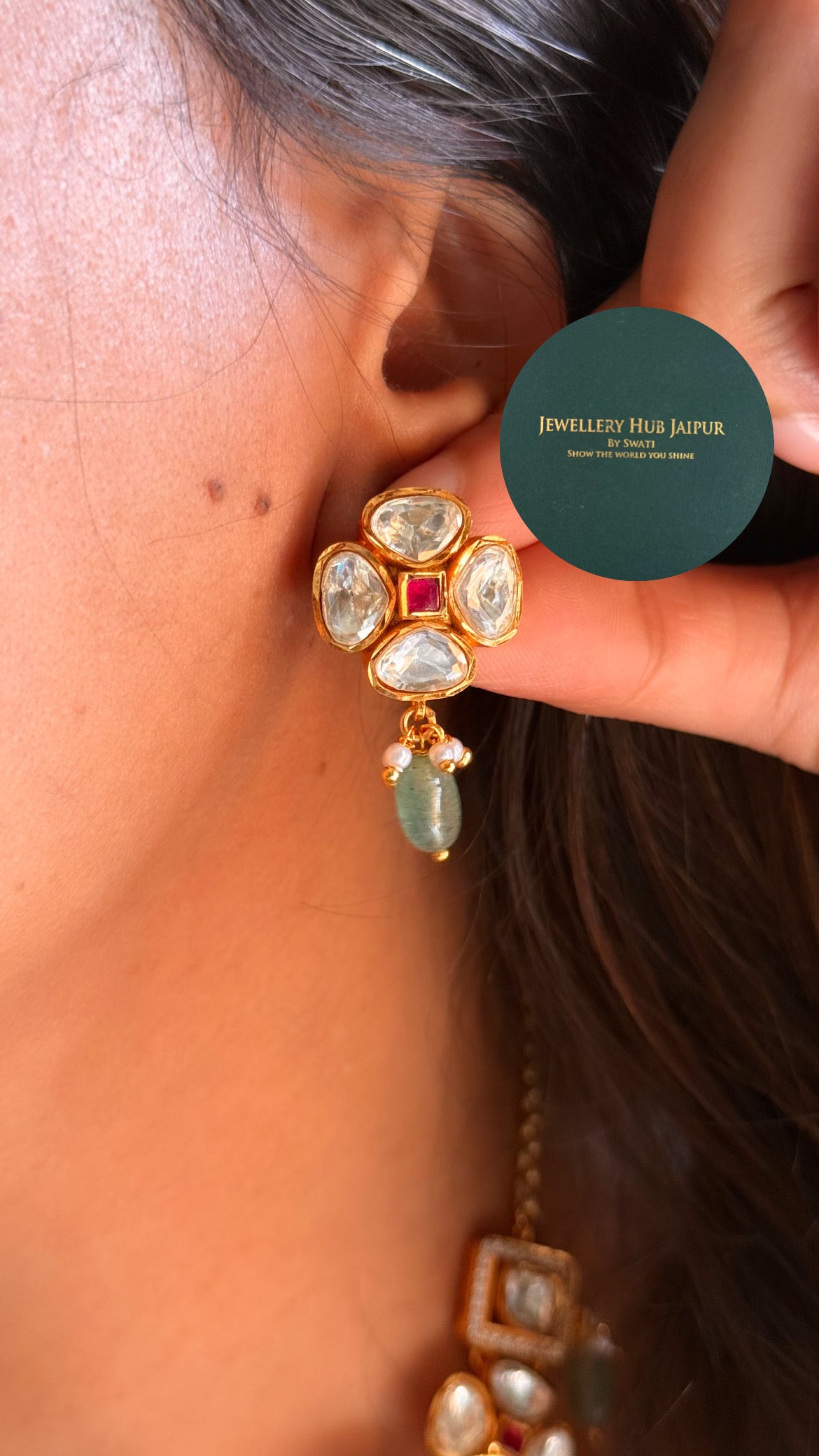 Real moissanite rani pink & emerald floral with mint drop collar set