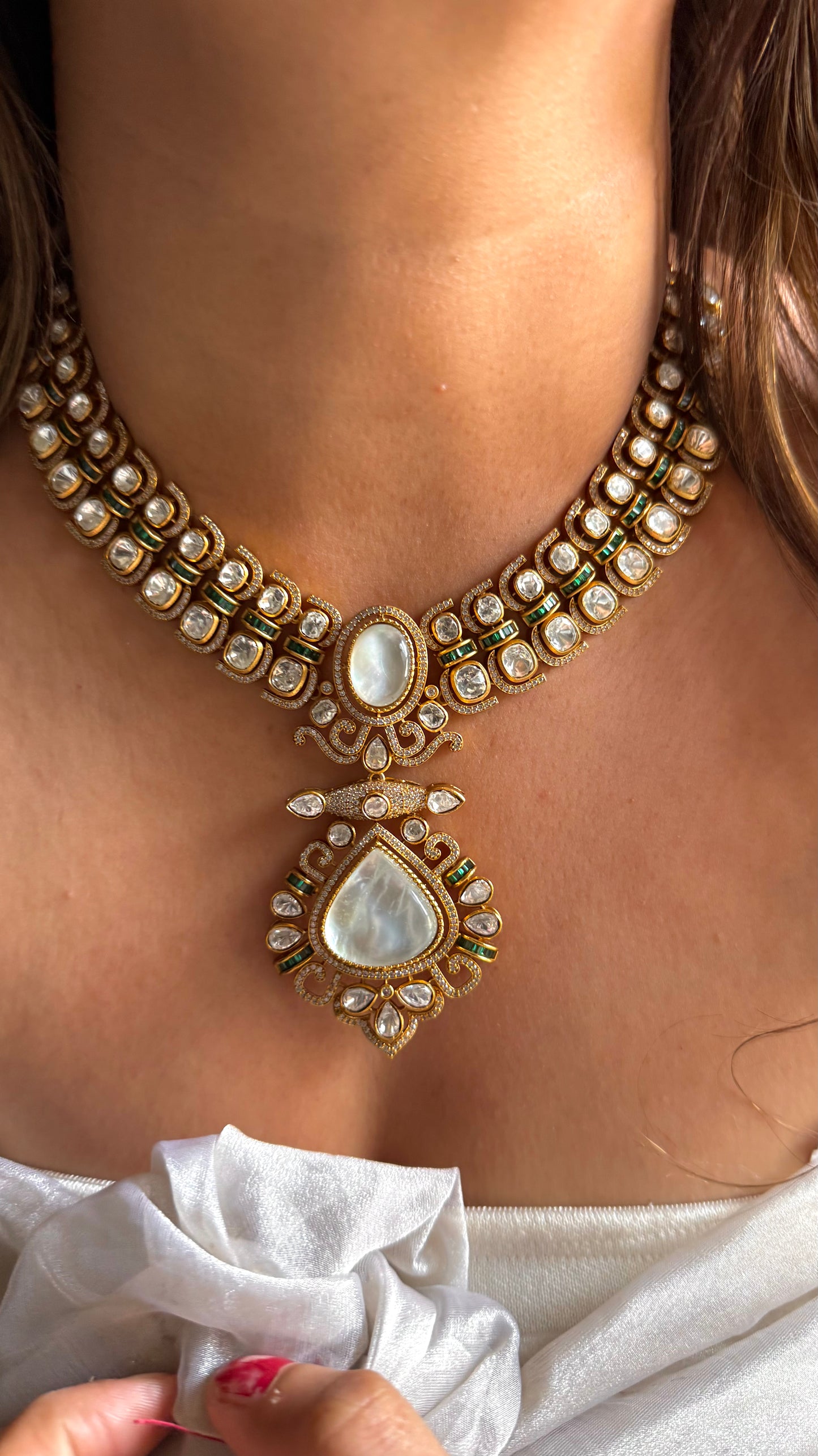 Mother of pearl & Emerald designer neckalce