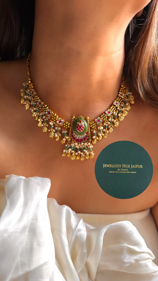 Handmade Heritage Polki Mint inlay Kalash design rajwada collar set