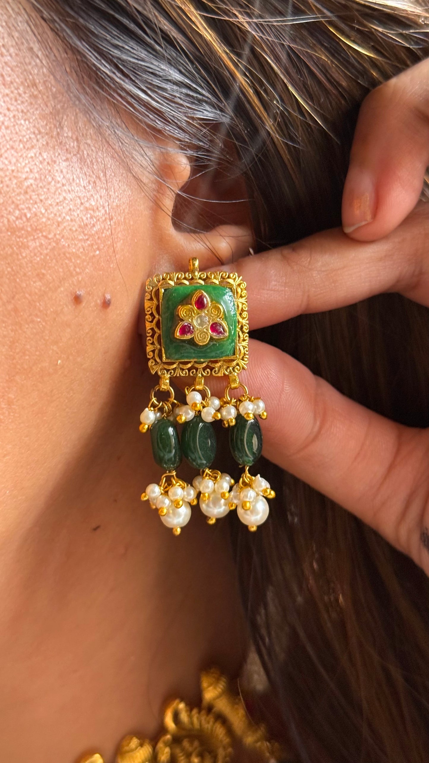 Emerald with peacock inspired antique gold Coker necklace