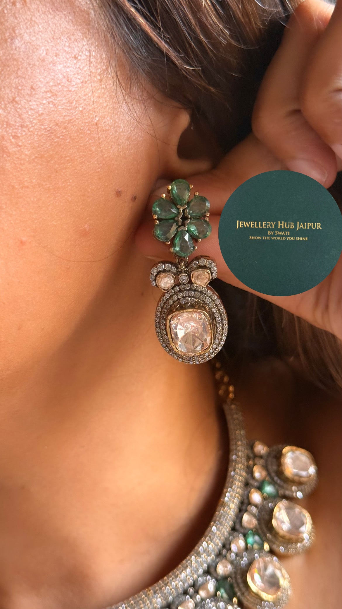 Real uncut moissanite polki  & mint Swarovski designer collar set