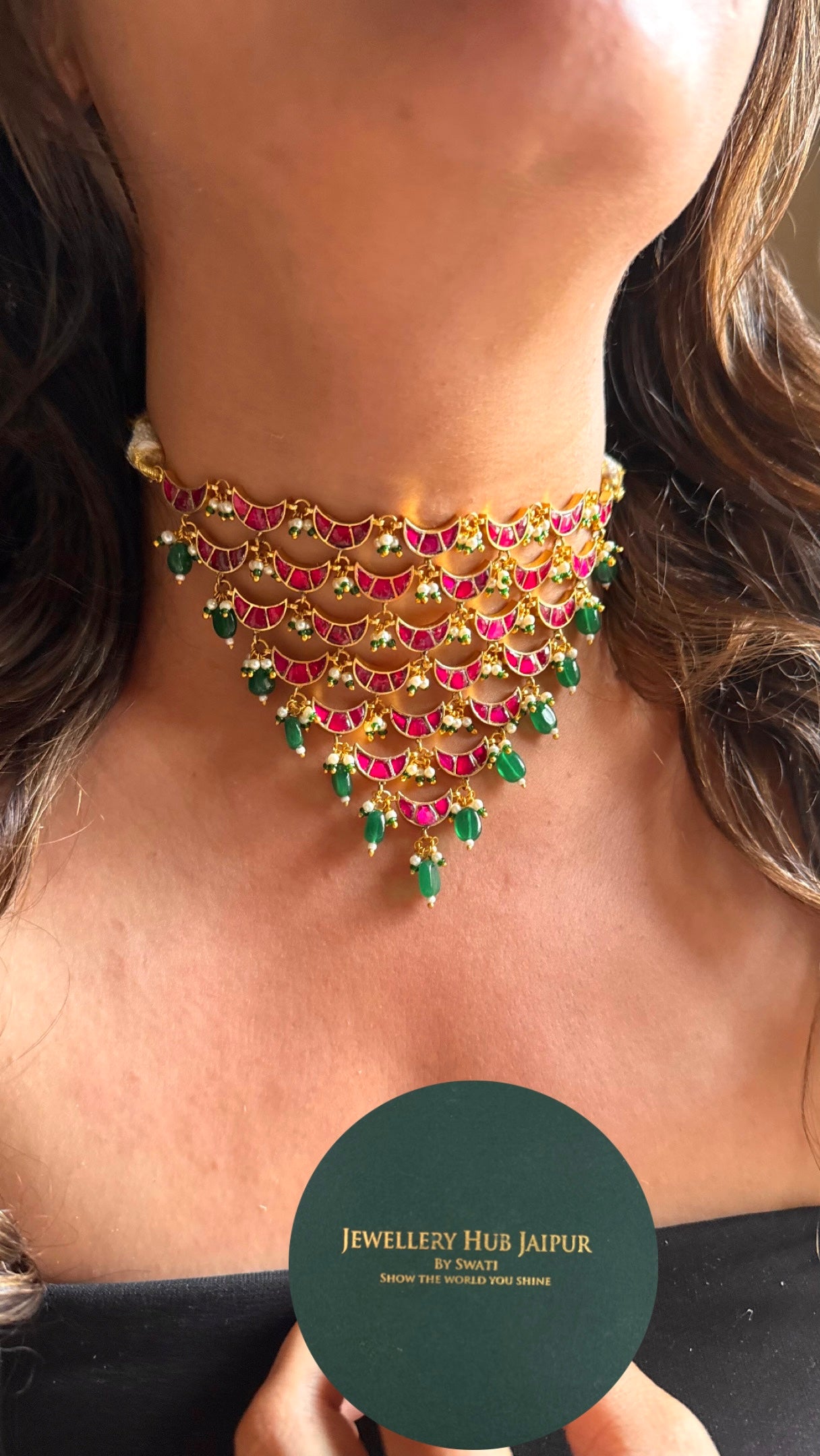Designer half moon shape with emerald drops choker Necklace