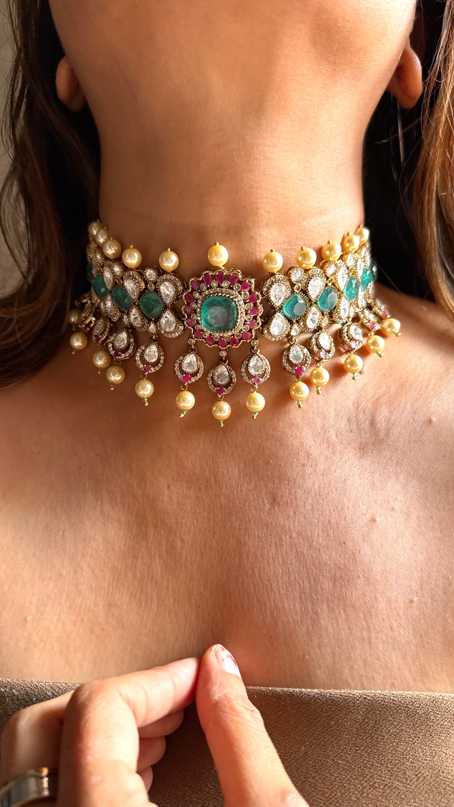 Turquoise & Rani pink choker with pearl detailing