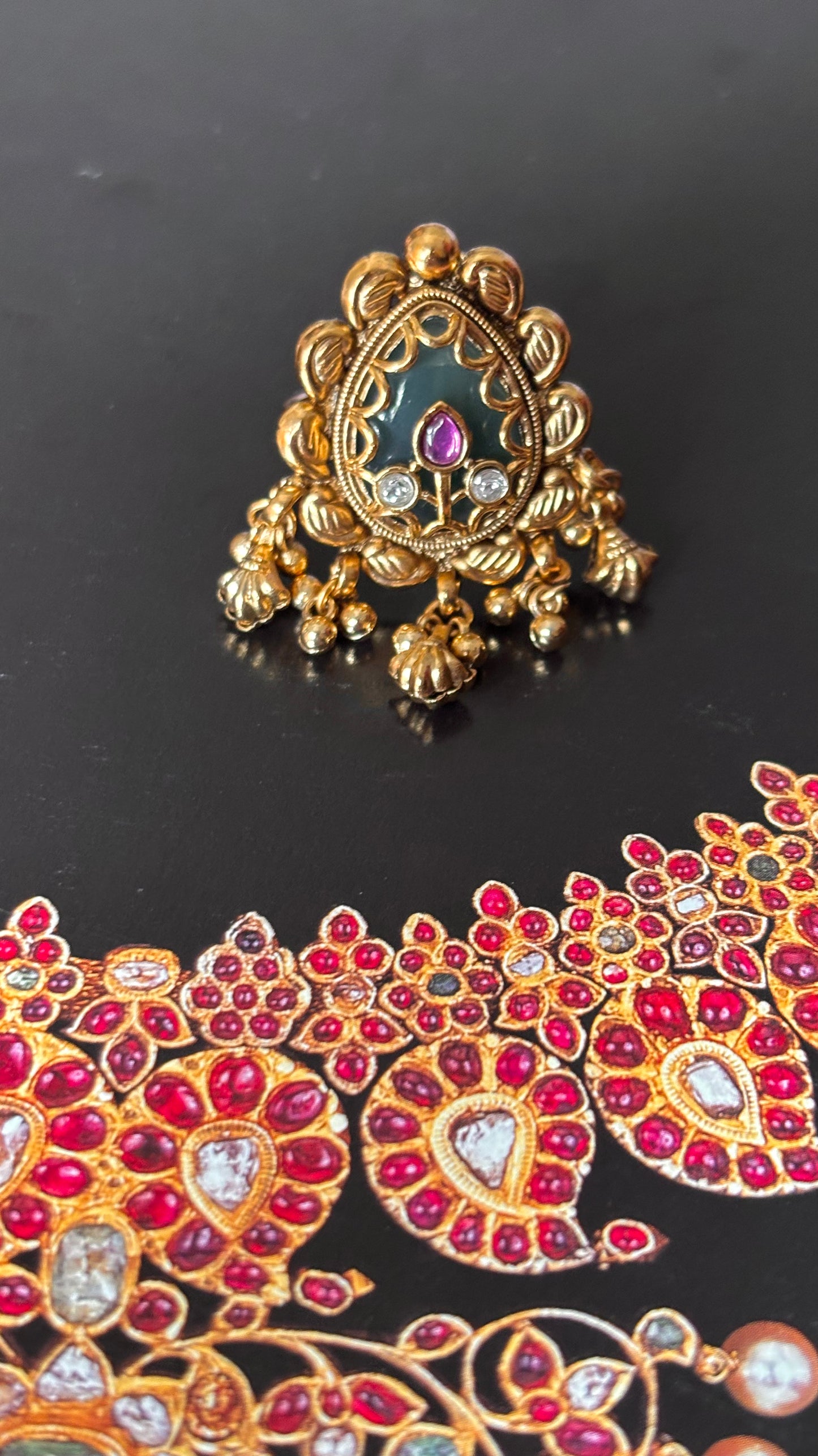 Mint inlay with gungroo drops rajwada adjustable Ring