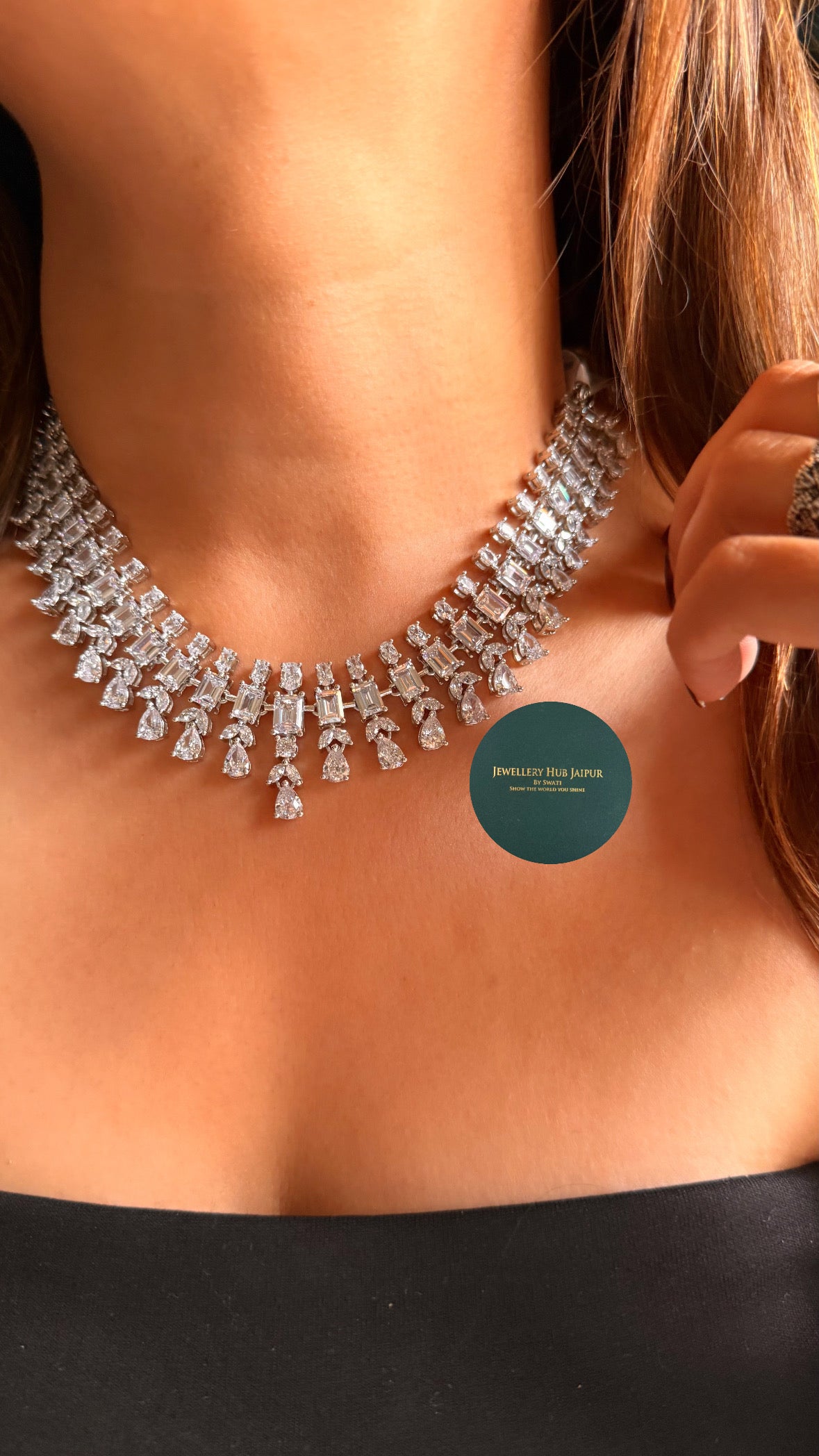 Block & drop shape cz diamond necklace
