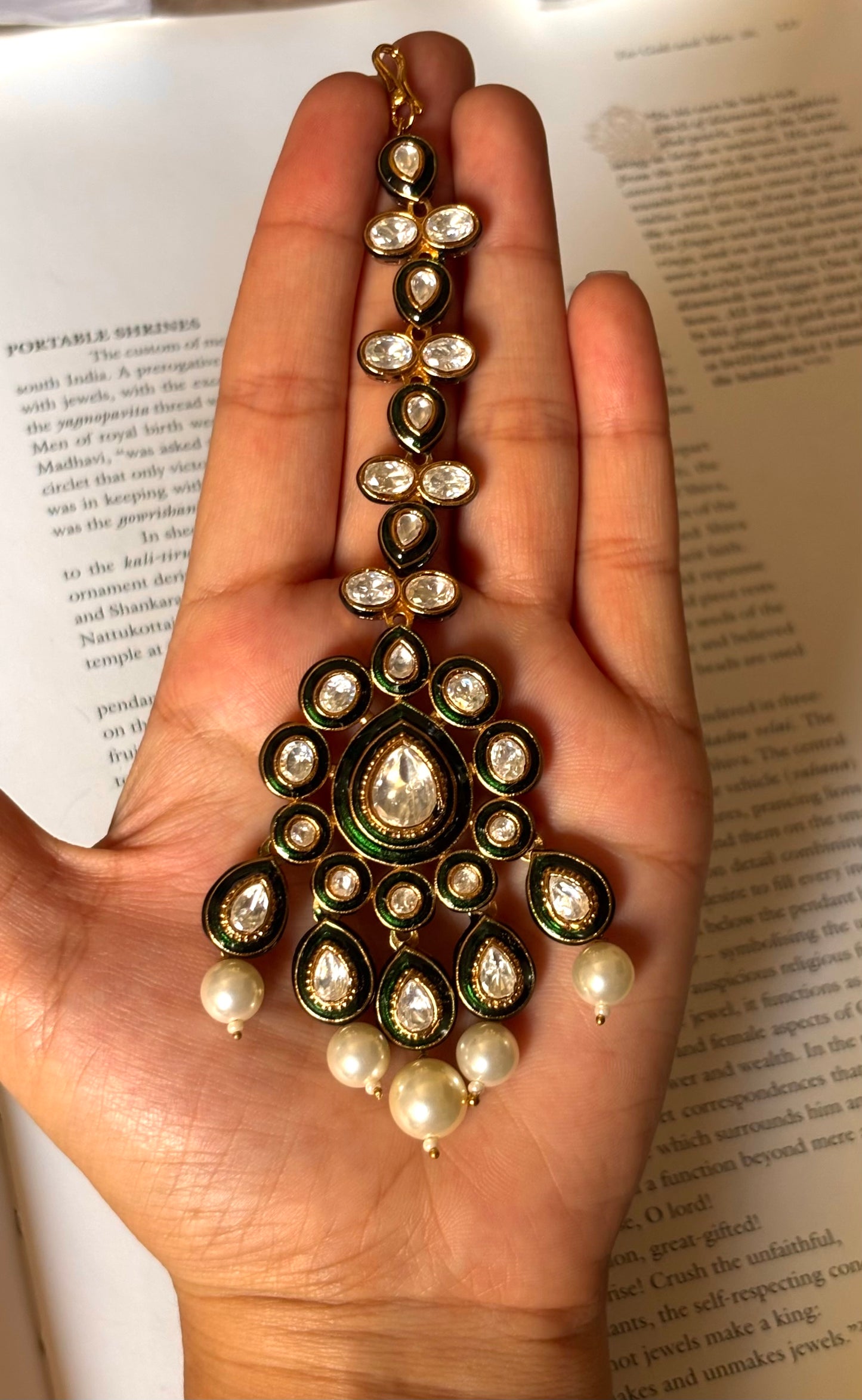 Emerald polki meenakari with pearl drops maangtikka
