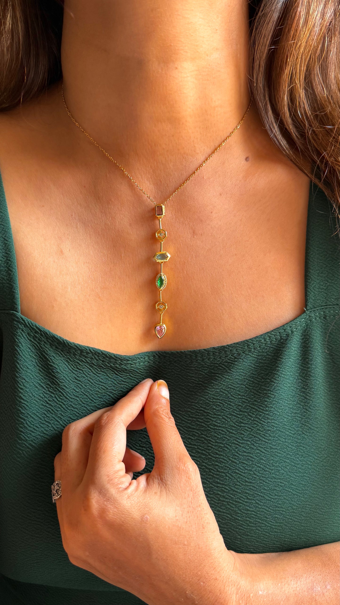 Rainbow Gemstone Lariat Pendant