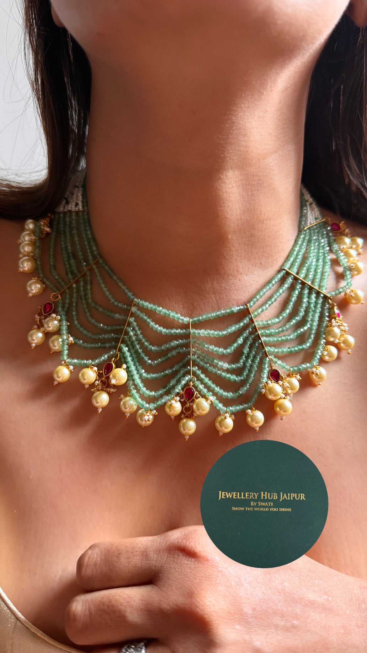 Mint 7 layer rajwada with pearl drop collar set