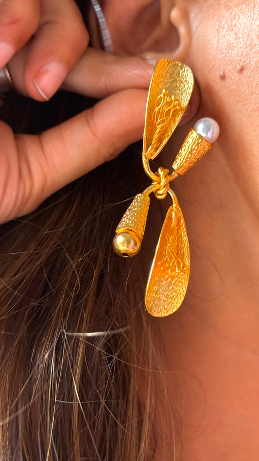 24kt Dubai Gold inspired abstract danglers with pearl detailing