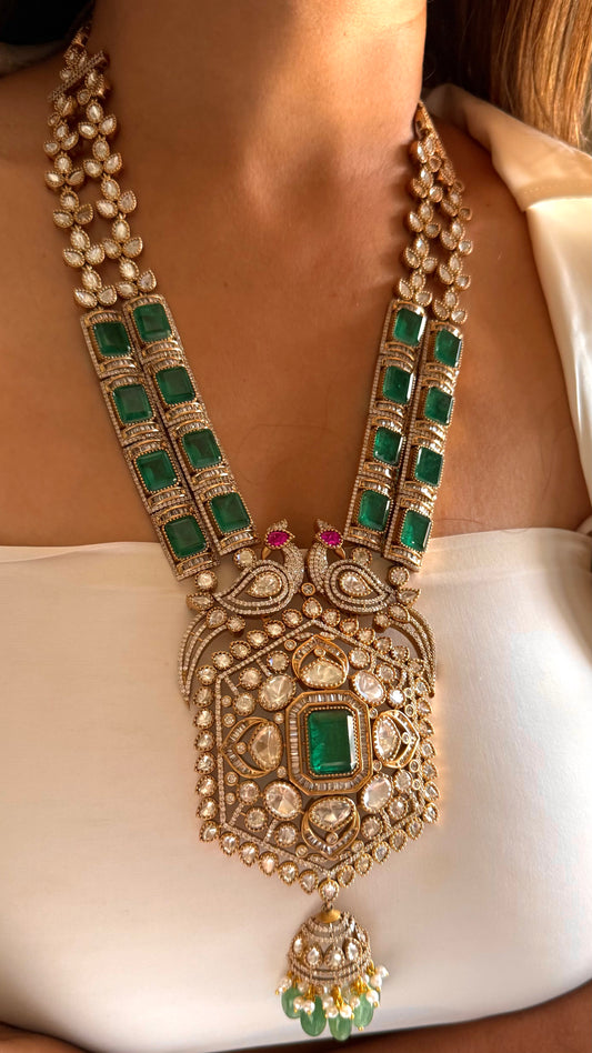 Vandana emerald Moissanite peacock mid length necklace