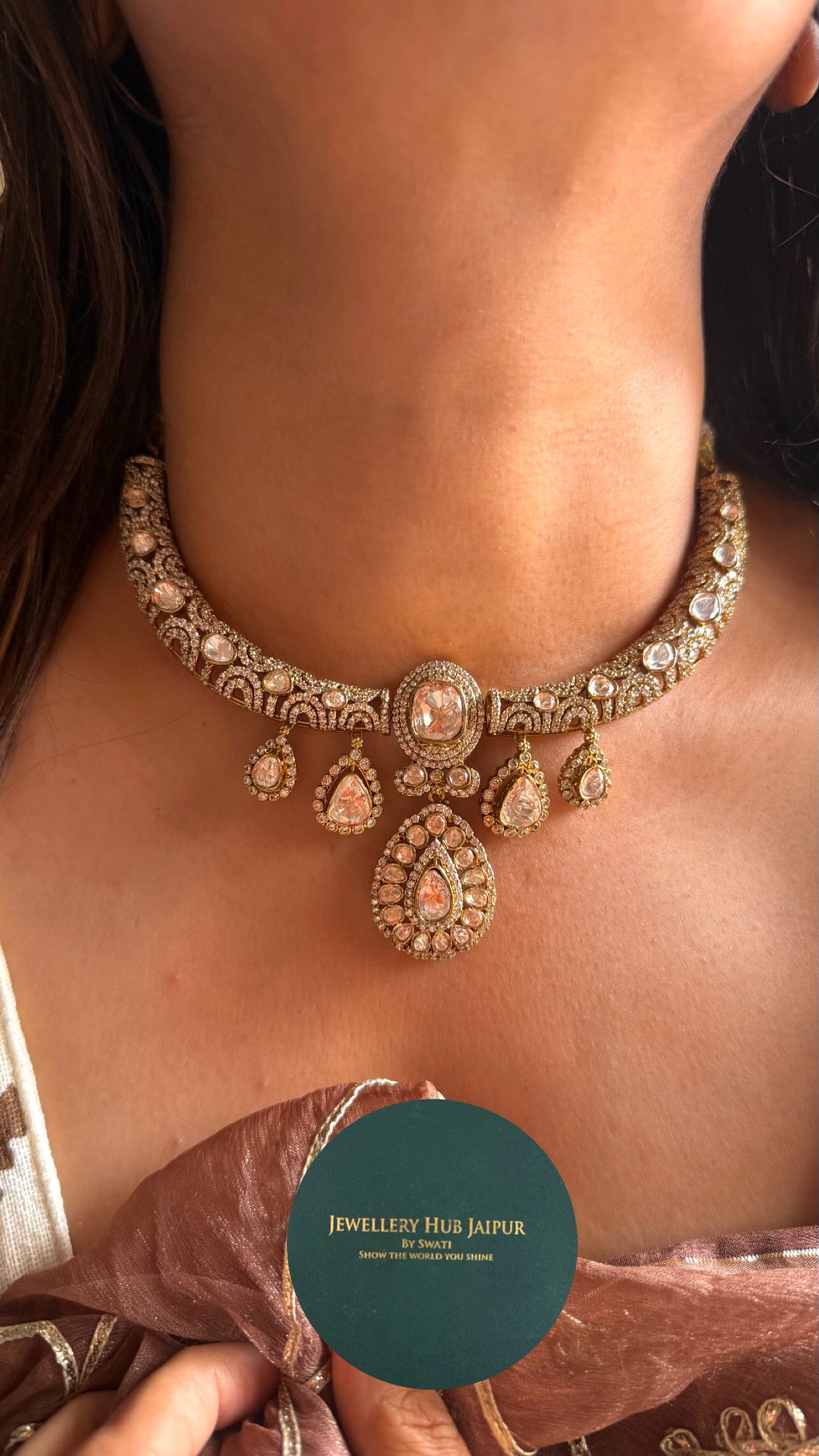 Real moissanite with peeli polki collar hasli necklace