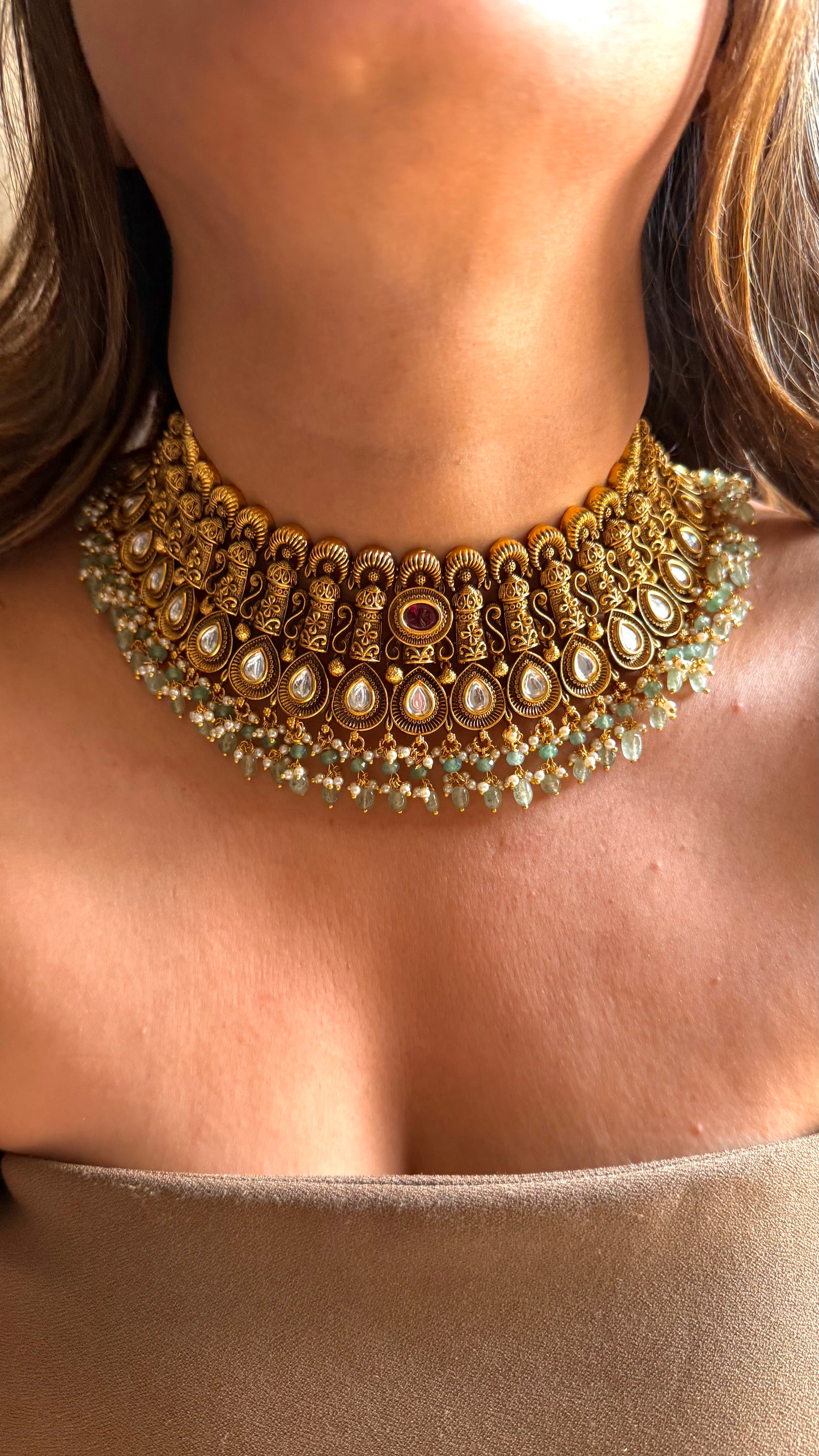 Real nakshi oxidised choker with ruby & mint detailing