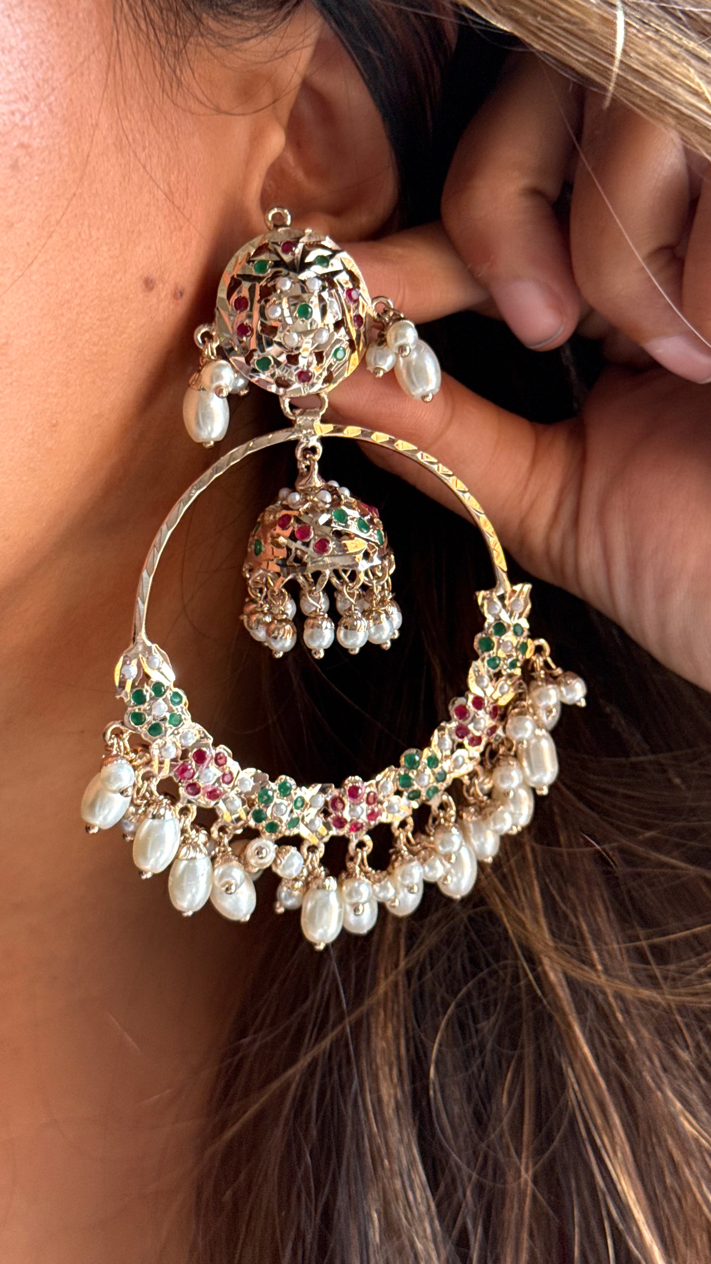 Jadau floral Chandbali with pearl detailing