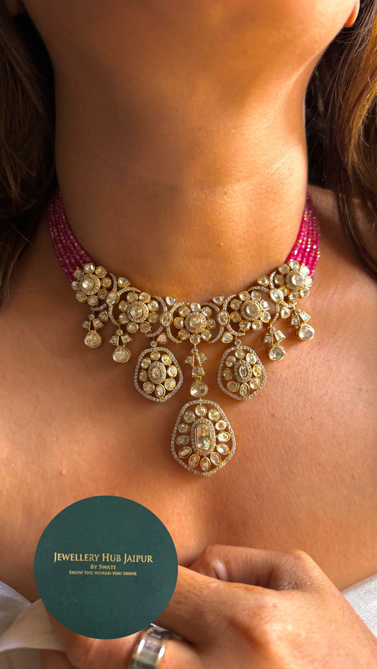 Real Moissanite Heritage design lv polki necklace set