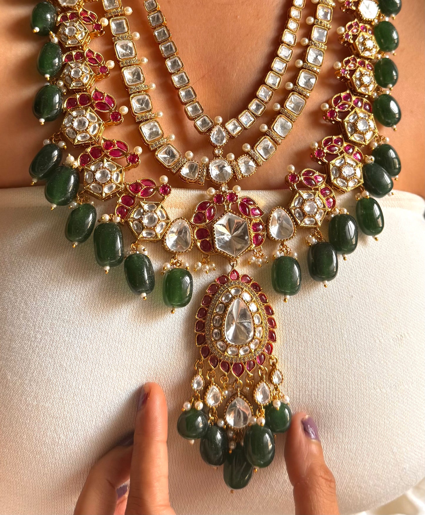 Ritu Raj Rani pink moissanite polki with emerald drop maharani haar