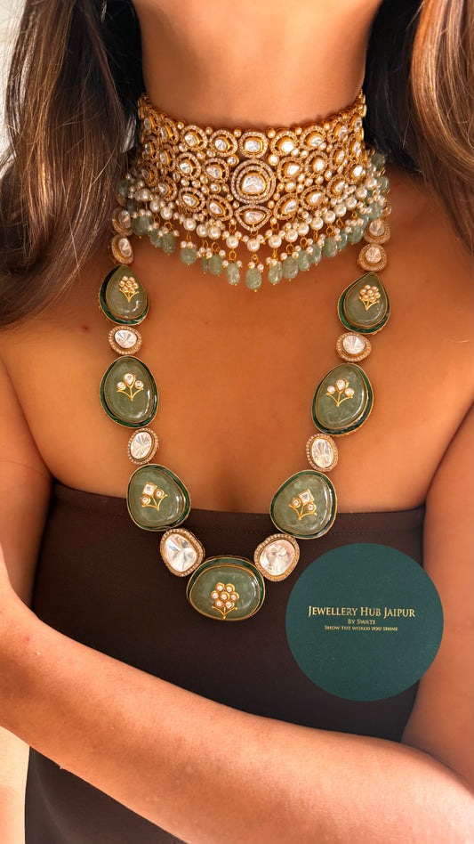 Mint inlay work in long set & mint drop & moissanite bridal set