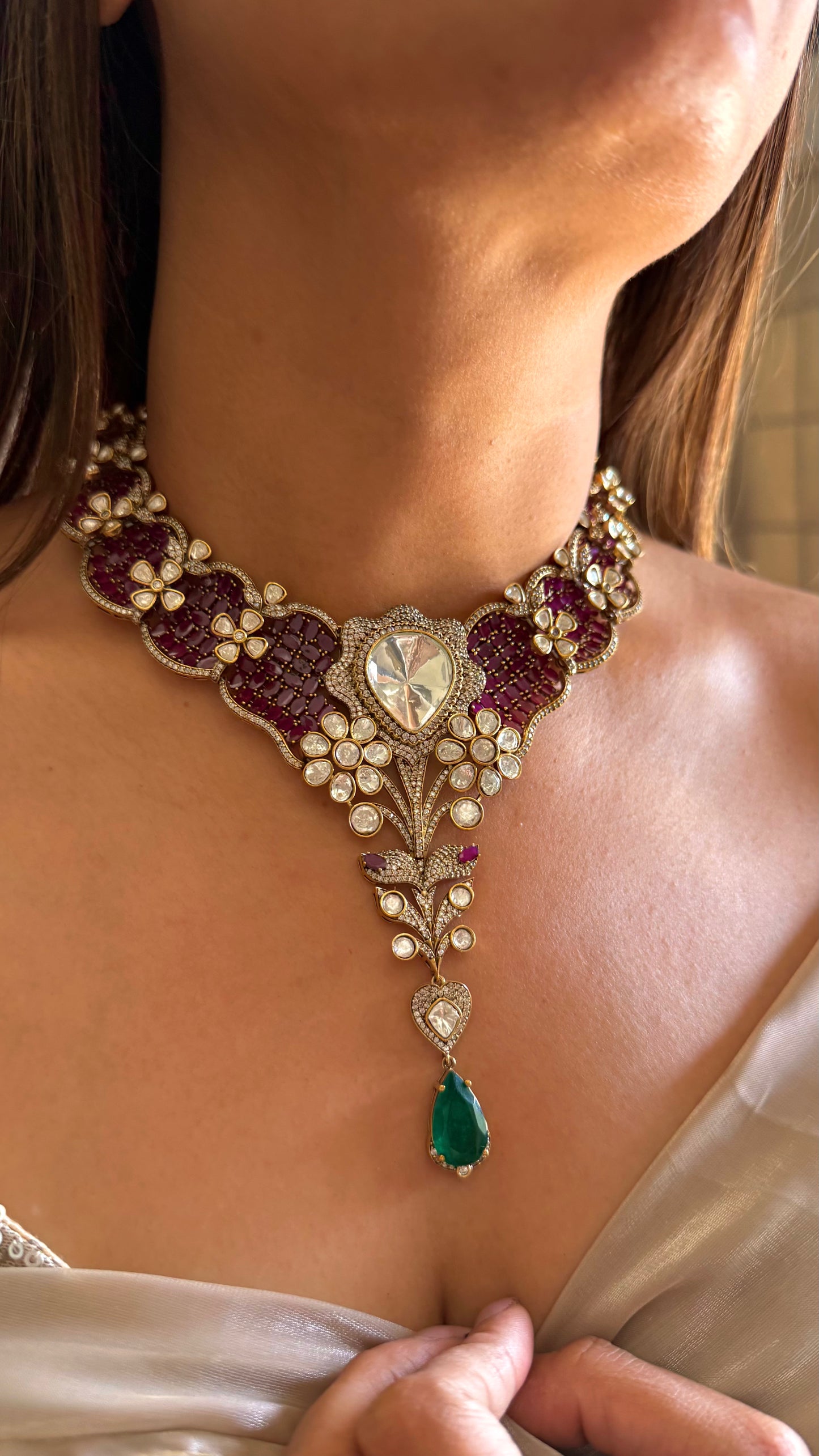 Vaidayi Designer uncut polki ruby moissanite collar necklace