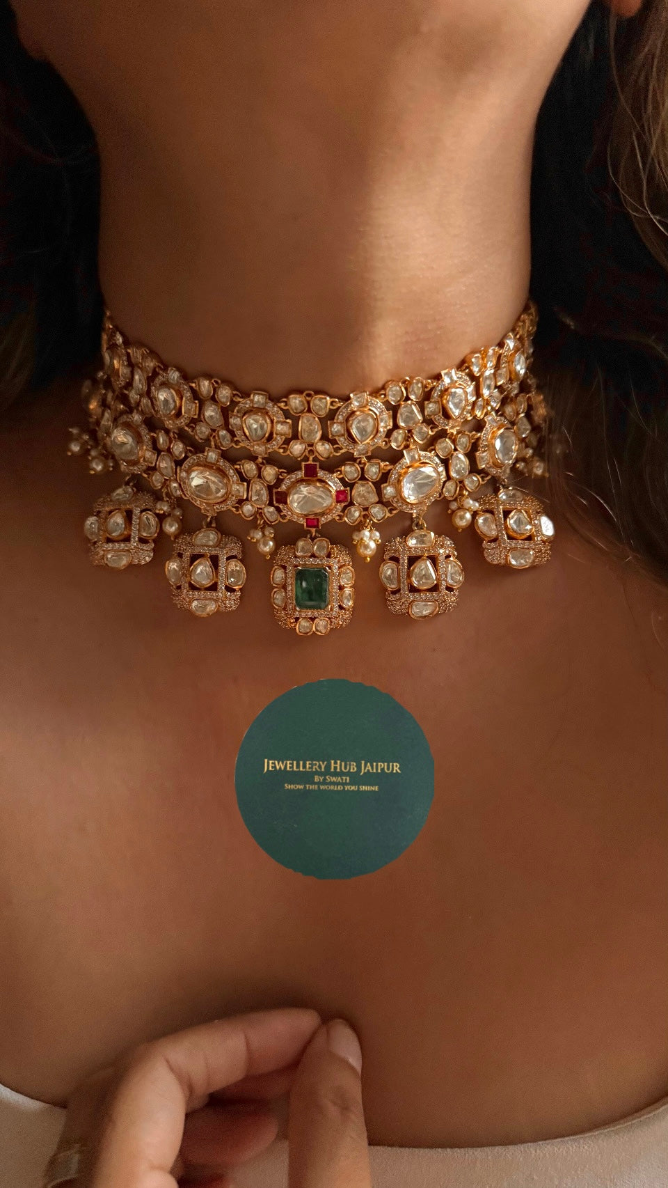 Real moissanite uncut polki emerald doublet Necklace
