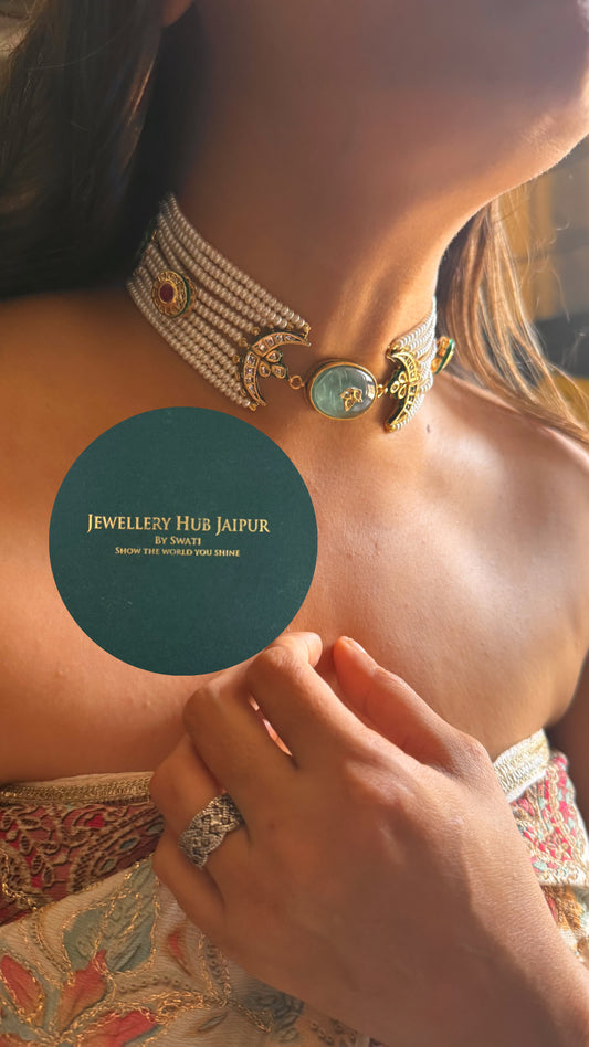 Mint inlay work with emerald meenakari paachi heritage choker set