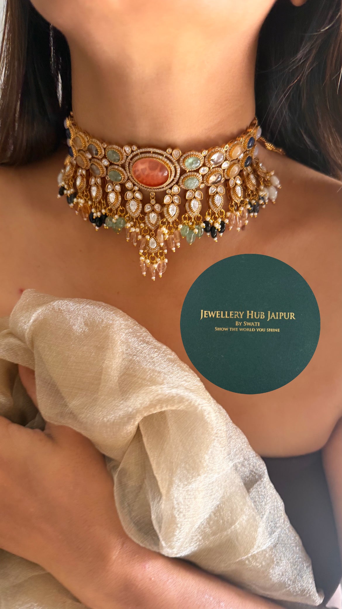 Tangerine doublet & navratna with multicoloured strawberries drop choker set