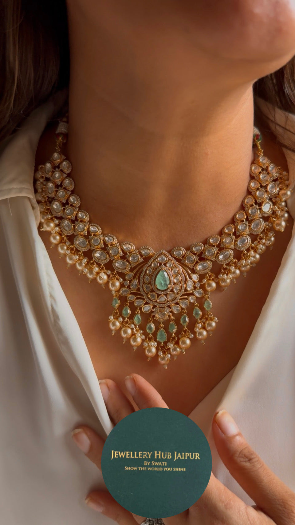 Mint doublets & moissanite polki necklace with maangtika