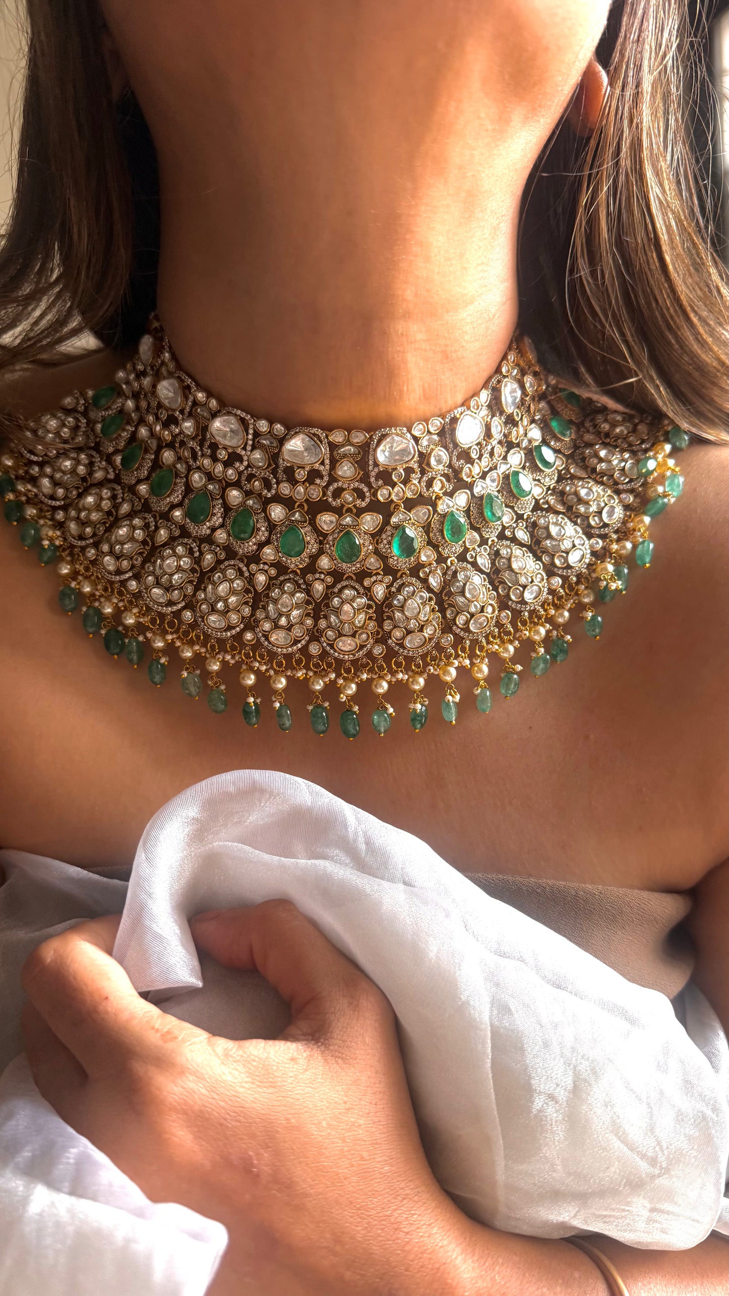 Emerald & Turquoise doublet choker with uncut polki detailing